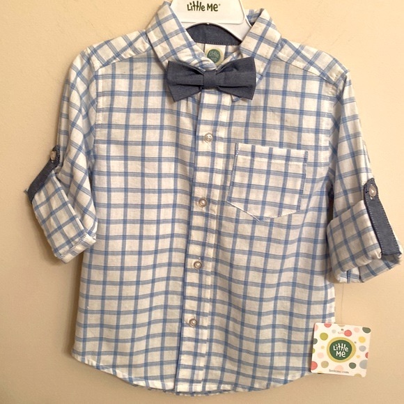 LITTLE ME Boy 2-Piece Roll Up Tab Sleeve Short Set Tan Blue Bow Tie Size 3T NEW - Picture 2 of 11